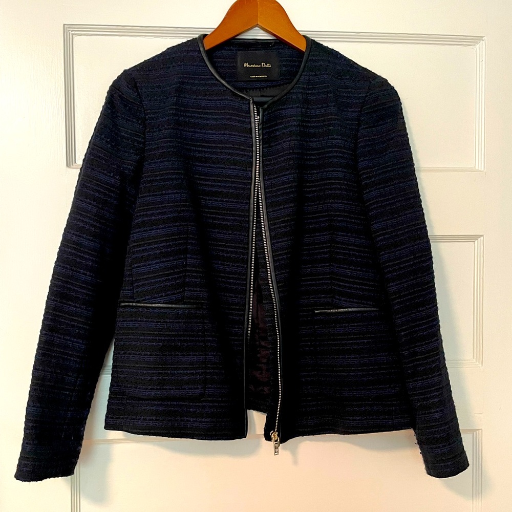 Massimo Dutti - Beautiful Black & Navy Textured Blazer + Leather Trim - Like New